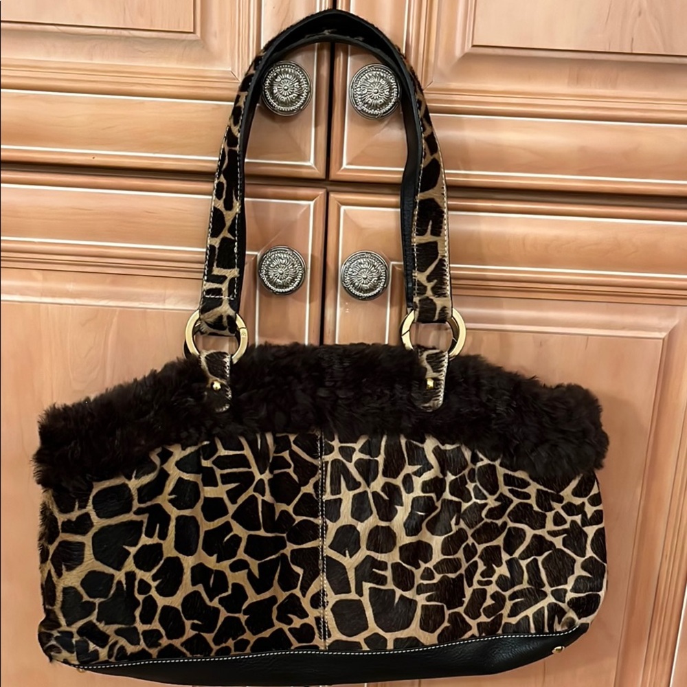 Brown and Black Animal Print Shoulder Bag with Leather Trim